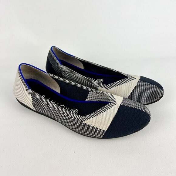 Rothys Womens Cap Toe Buffalo Plaid Round Toe Ballet Flat Black White size 7.5 - Picture 1 of 15